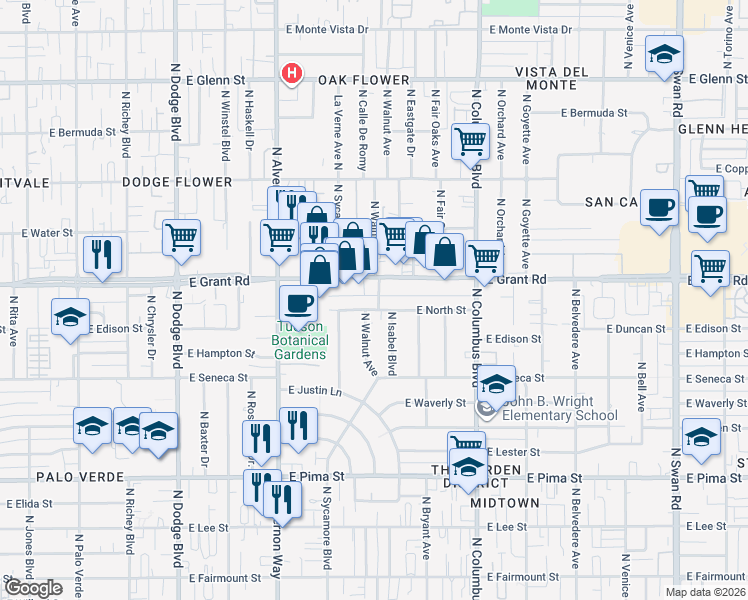 map of restaurants, bars, coffee shops, grocery stores, and more near 2309 North Walnut Avenue in Tucson