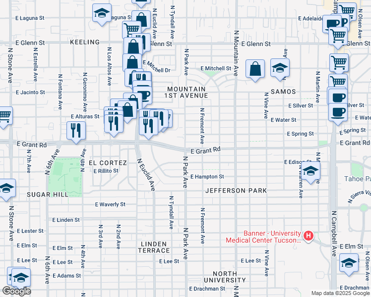 map of restaurants, bars, coffee shops, grocery stores, and more near East Grant Road & North Park Avenue in Tucson
