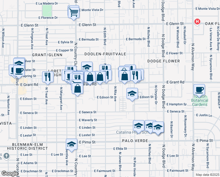 map of restaurants, bars, coffee shops, grocery stores, and more near 2314 North Northway Avenue in Tucson