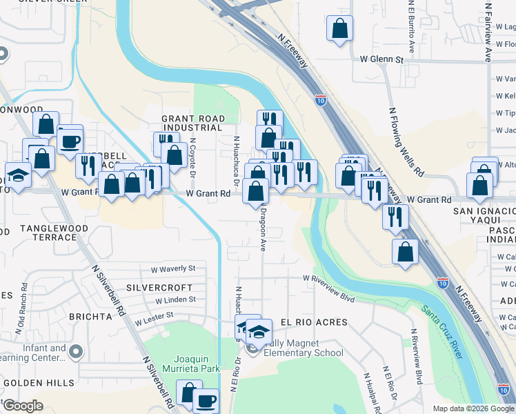 map of restaurants, bars, coffee shops, grocery stores, and more near 1693 W Grant Rd in Tucson