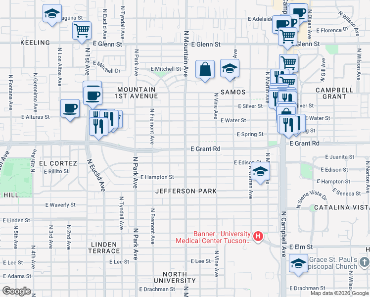 map of restaurants, bars, coffee shops, grocery stores, and more near East Grant Road & North Mountain Avenue in Tucson
