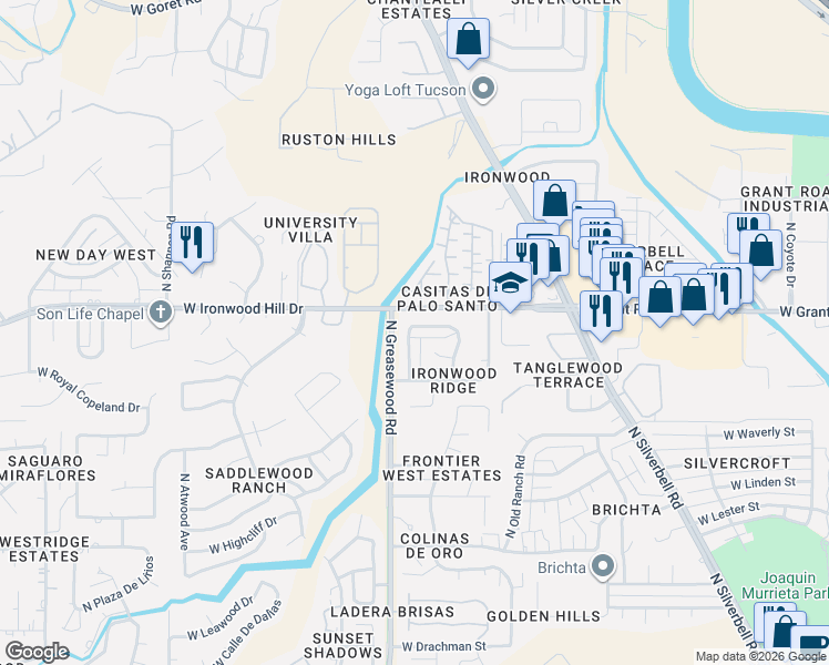 map of restaurants, bars, coffee shops, grocery stores, and more near 2381 North Camino Mateo in Tucson
