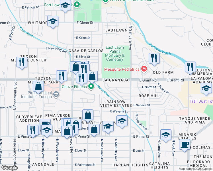 map of restaurants, bars, coffee shops, grocery stores, and more near 2327 North Rainbow Vista Drive in Tucson