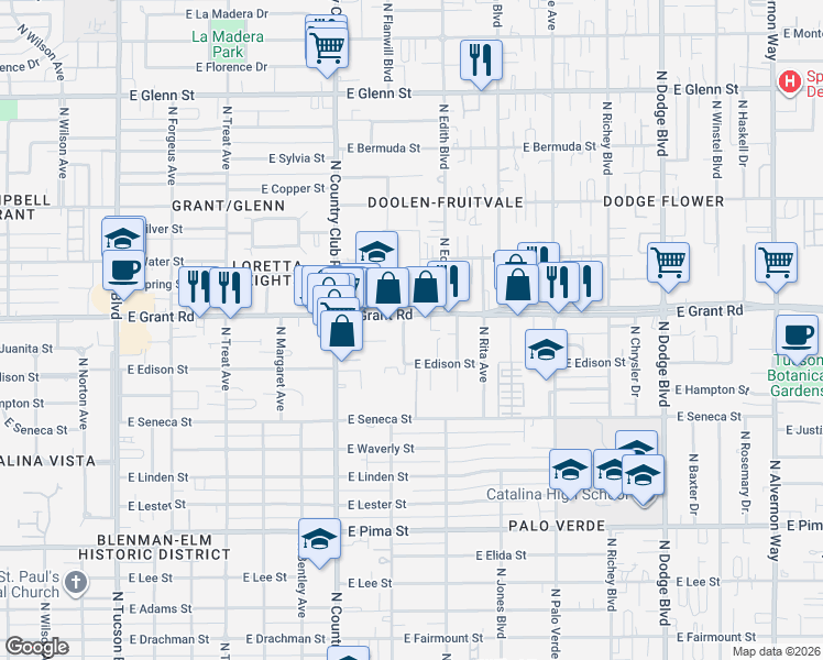 map of restaurants, bars, coffee shops, grocery stores, and more near 3248 East Grant Road in Tucson