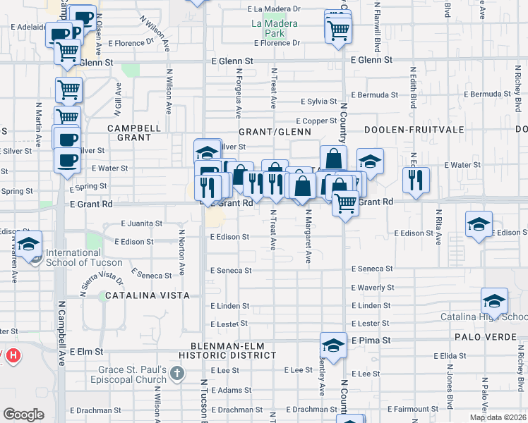 map of restaurants, bars, coffee shops, grocery stores, and more near 2802 East Grant Road in Tucson