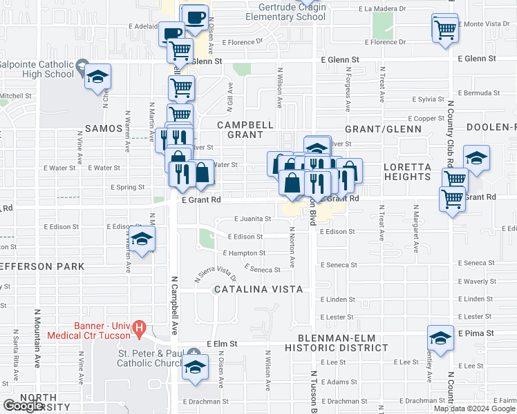 map of restaurants, bars, coffee shops, grocery stores, and more near 2252 East Grant Road in Tucson