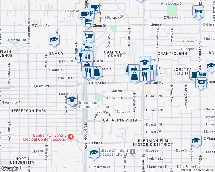 map of restaurants, bars, coffee shops, grocery stores, and more near 2148 East Grant Road in Tucson