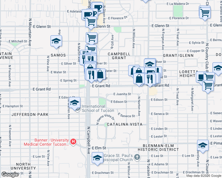 map of restaurants, bars, coffee shops, grocery stores, and more near 2148 East Grant Road in Tucson