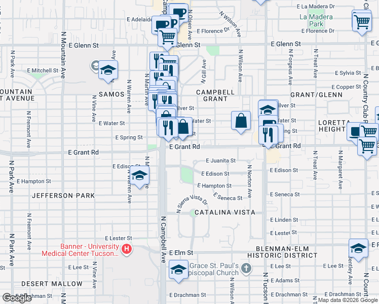 map of restaurants, bars, coffee shops, grocery stores, and more near 2038 East Grant Road in Tucson