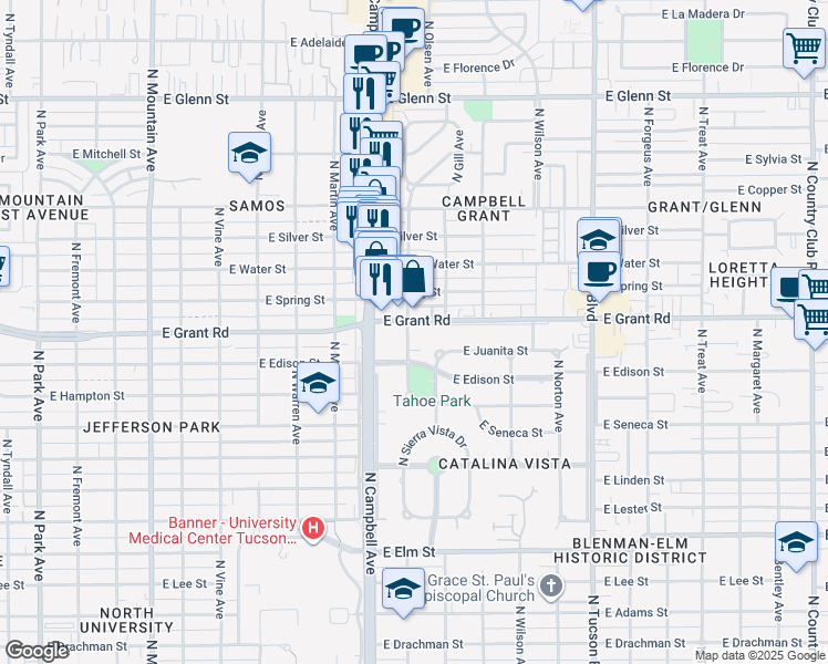 map of restaurants, bars, coffee shops, grocery stores, and more near 1930 East Grant Road in Tucson