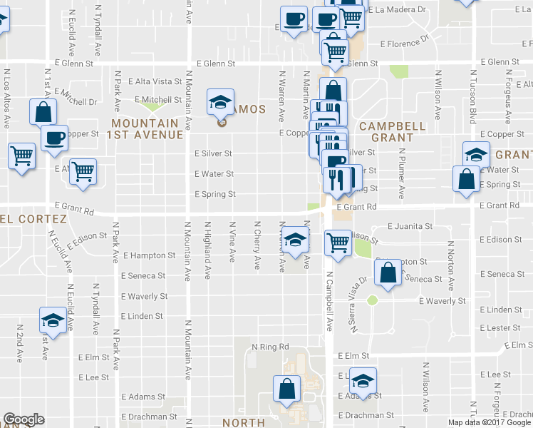 map of restaurants, bars, coffee shops, grocery stores, and more near 1620 East Grant Road in Tucson