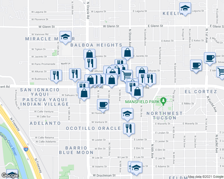 map of restaurants, bars, coffee shops, grocery stores, and more near 131 West Grant Road in Tucson