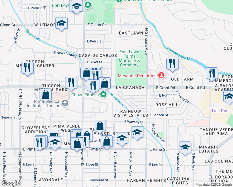 map of restaurants, bars, coffee shops, grocery stores, and more near 2327 North Rainbow Vista Drive in Tucson