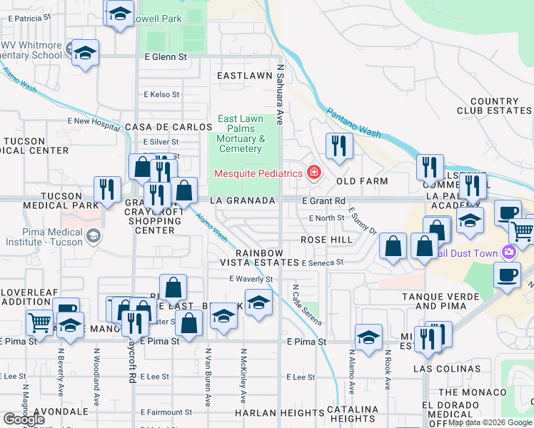 map of restaurants, bars, coffee shops, grocery stores, and more near 5839 East North Street in Tucson