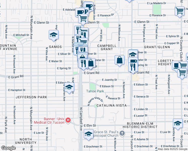 map of restaurants, bars, coffee shops, grocery stores, and more near 2038 East Grant Road in Tucson