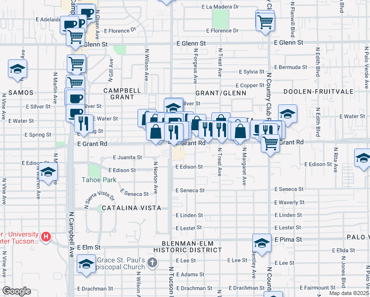 map of restaurants, bars, coffee shops, grocery stores, and more near 2540 East Grant Road in Tucson