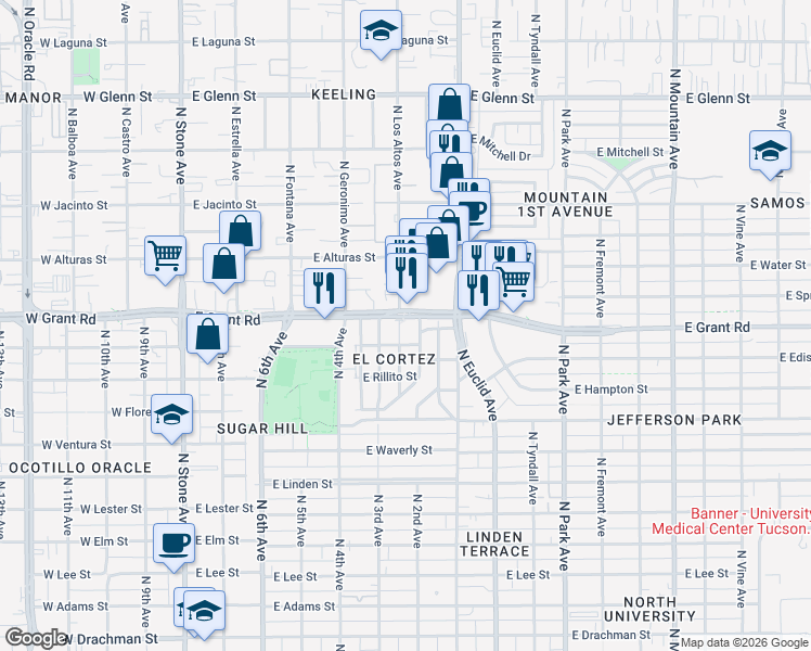 map of restaurants, bars, coffee shops, grocery stores, and more near 2326 North Flores Drive in Tucson