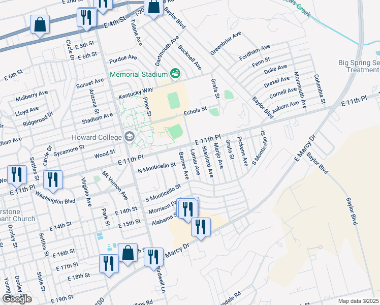 map of restaurants, bars, coffee shops, grocery stores, and more near 1103 Barnes Avenue in Big Spring