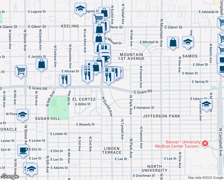 map of restaurants, bars, coffee shops, grocery stores, and more near 2350 North Hampton Street in Tucson