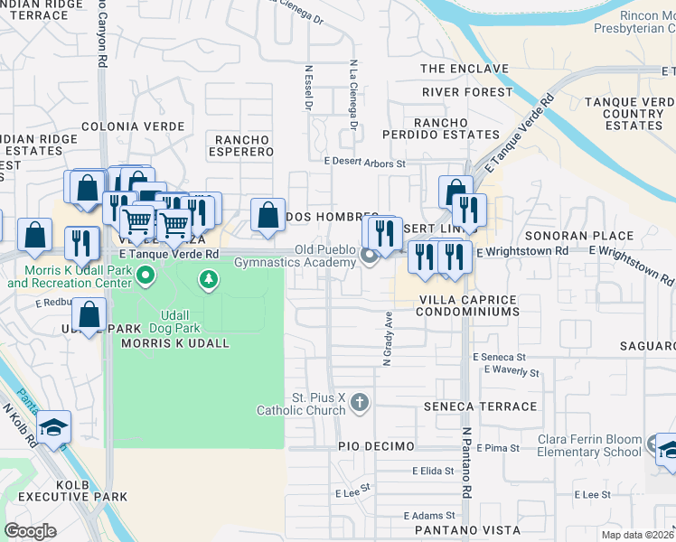 map of restaurants, bars, coffee shops, grocery stores, and more near 7622 East Callisto Circle in Tucson