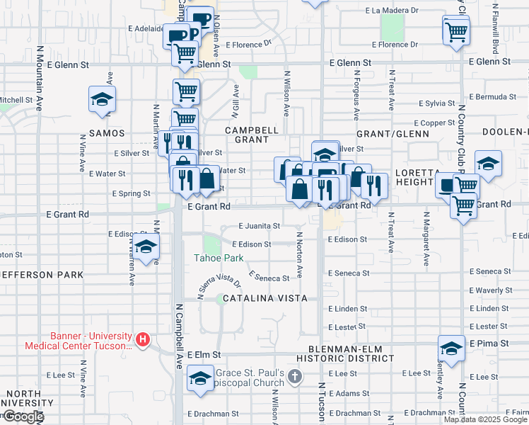 map of restaurants, bars, coffee shops, grocery stores, and more near 2252 East Grant Road in Tucson
