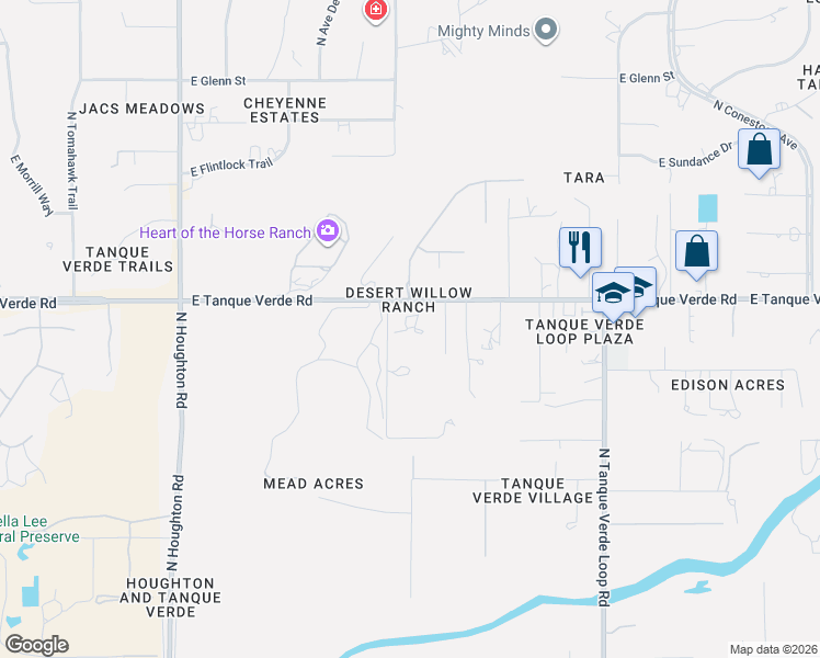 map of restaurants, bars, coffee shops, grocery stores, and more near 10700 East Tanque Verde Road in Tucson