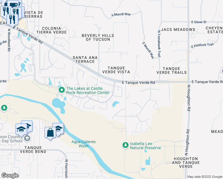 map of restaurants, bars, coffee shops, grocery stores, and more near 9769 East Sandcastle Court in Tucson