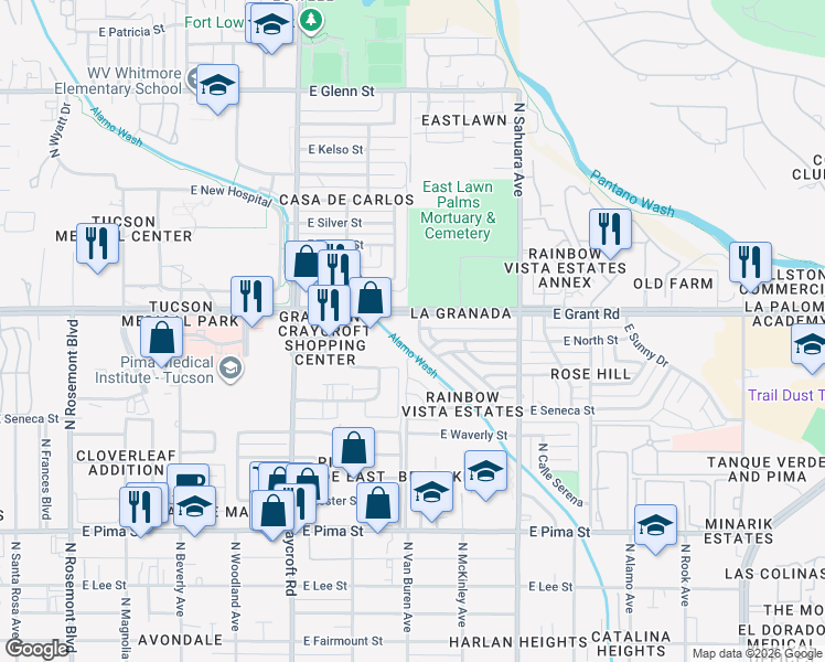 map of restaurants, bars, coffee shops, grocery stores, and more near 2327 North Rainbow Vista Drive in Tucson