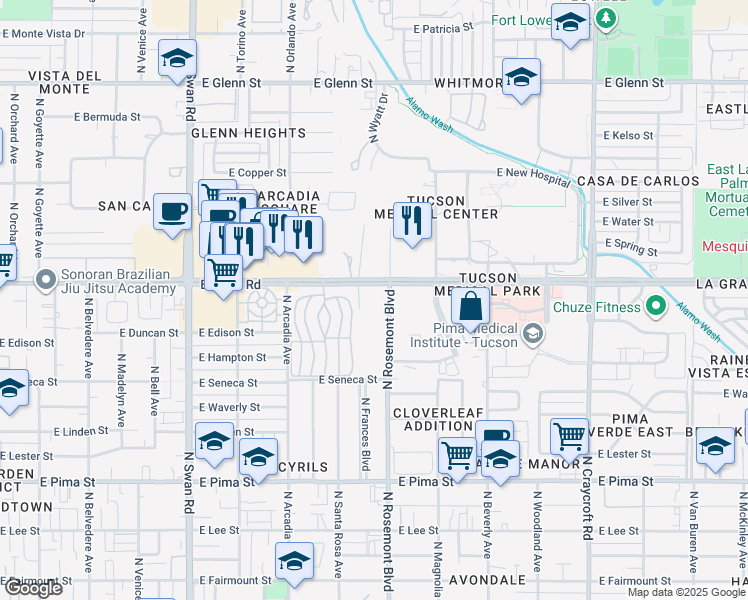 map of restaurants, bars, coffee shops, grocery stores, and more near 5050 East Grant Road in Tucson