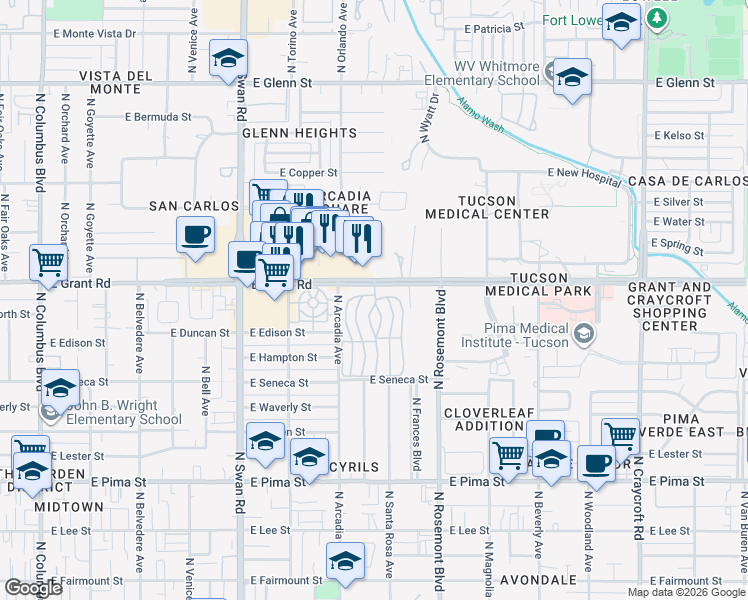 map of restaurants, bars, coffee shops, grocery stores, and more near in Tucson