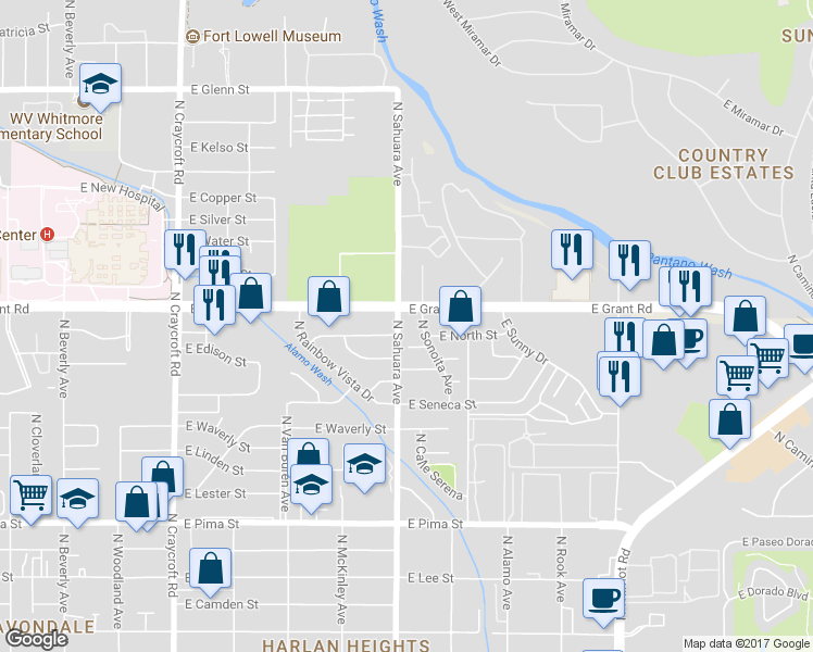 map of restaurants, bars, coffee shops, grocery stores, and more near 2306 North Sahuara Avenue in Tucson