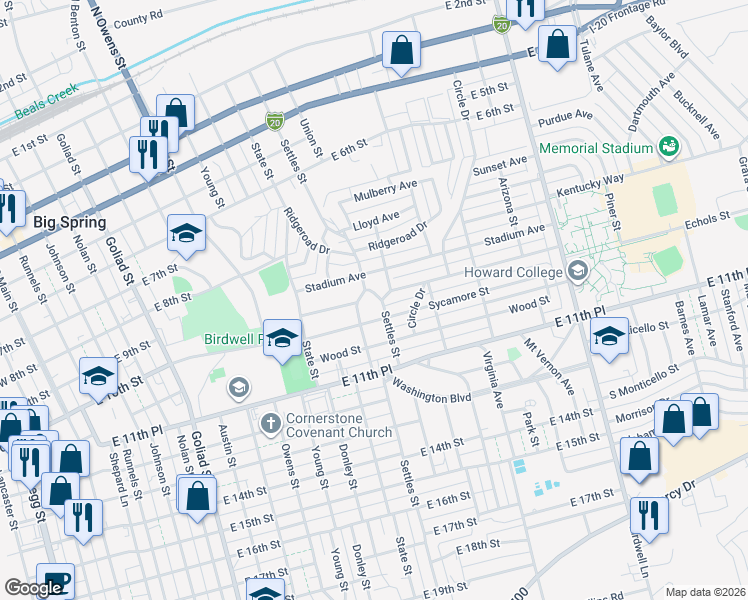 map of restaurants, bars, coffee shops, grocery stores, and more near 804 Settles Street in Big Spring