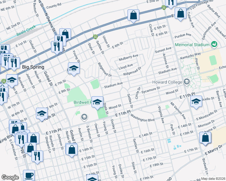 map of restaurants, bars, coffee shops, grocery stores, and more near 1017 Bluebonnet Avenue in Big Spring