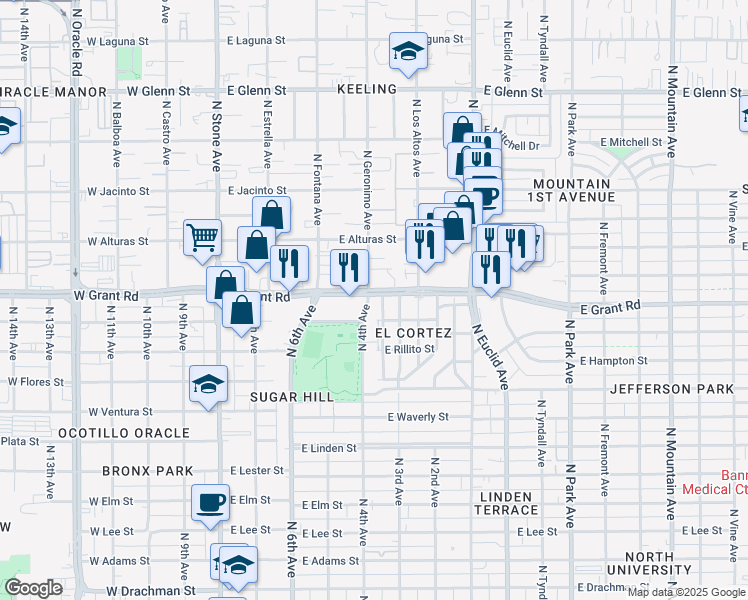 map of restaurants, bars, coffee shops, grocery stores, and more near 402 East Grant Road in Tucson