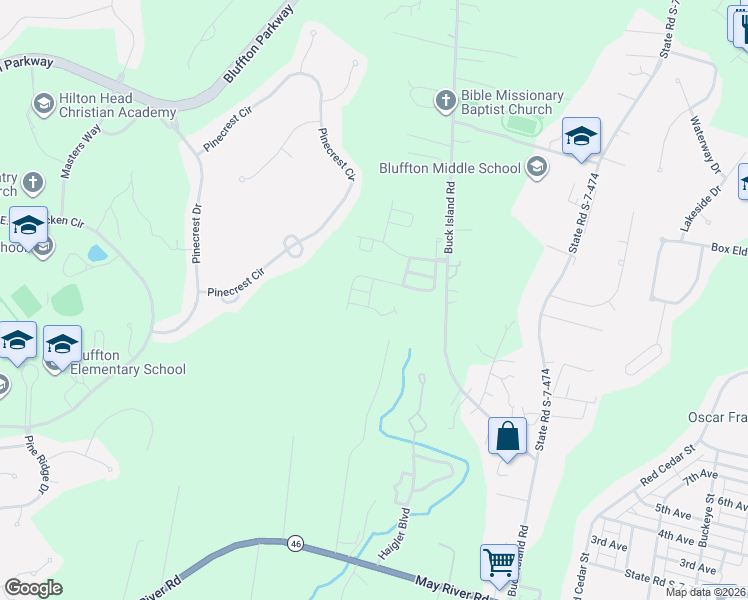 map of restaurants, bars, coffee shops, grocery stores, and more near 17 Twayblade Street in Bluffton