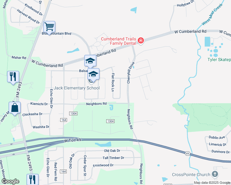 map of restaurants, bars, coffee shops, grocery stores, and more near 7372 Flat Rock Lane in Tyler