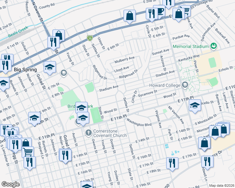 map of restaurants, bars, coffee shops, grocery stores, and more near 804 Settles Street in Big Spring