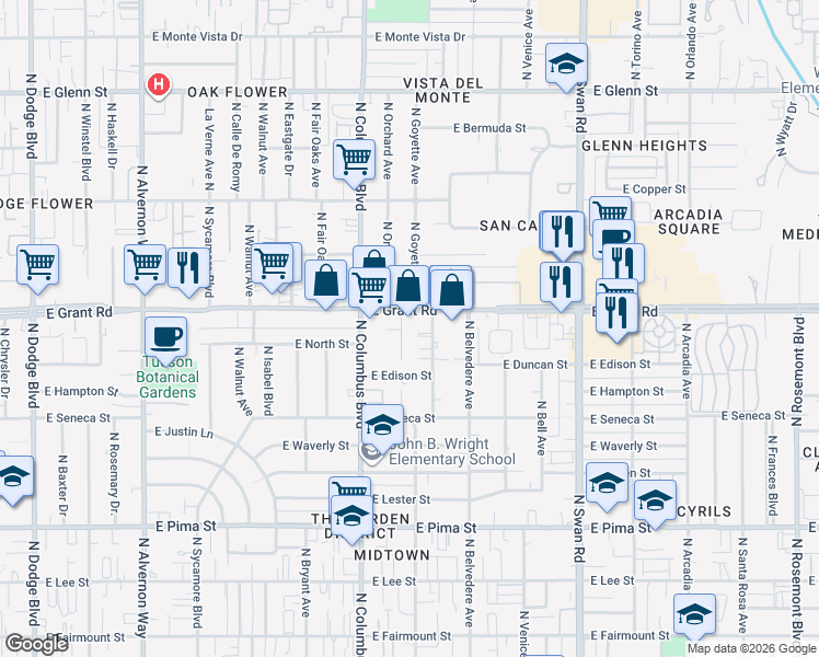 map of restaurants, bars, coffee shops, grocery stores, and more near 2332 North Catalina Avenue in Tucson