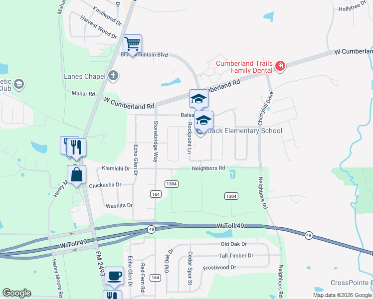 map of restaurants, bars, coffee shops, grocery stores, and more near 7351 Rockpoint Lane in Tyler