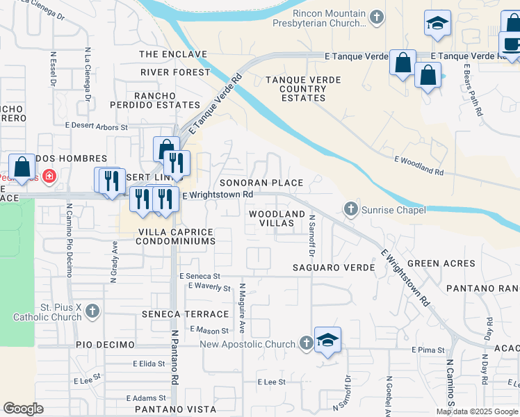 map of restaurants, bars, coffee shops, grocery stores, and more near 8130 East Rivenoak Circle in Tucson