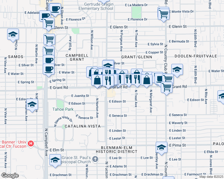 map of restaurants, bars, coffee shops, grocery stores, and more near 2526 E Grant Rd in Tucson