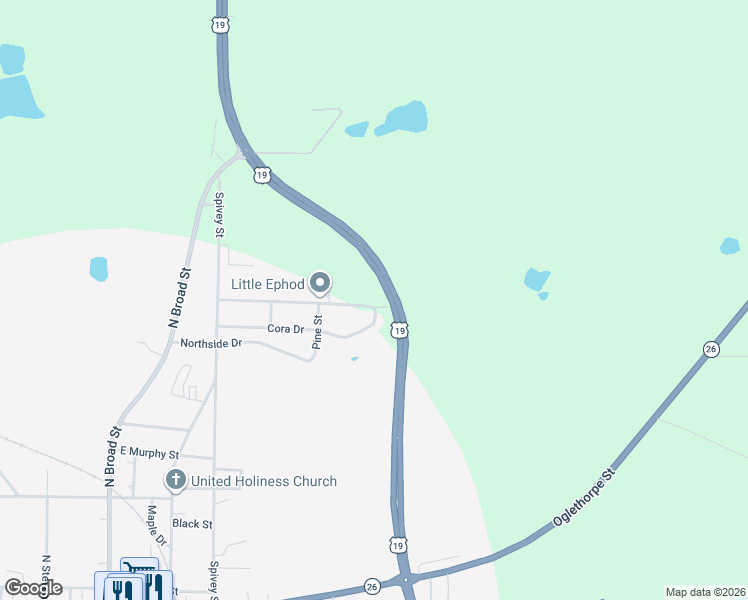 map of restaurants, bars, coffee shops, grocery stores, and more near 381 King Road in Ellaville