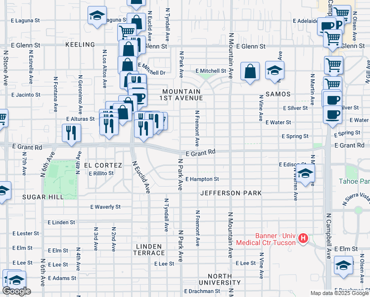 map of restaurants, bars, coffee shops, grocery stores, and more near 1019 East Grant Road in Tucson