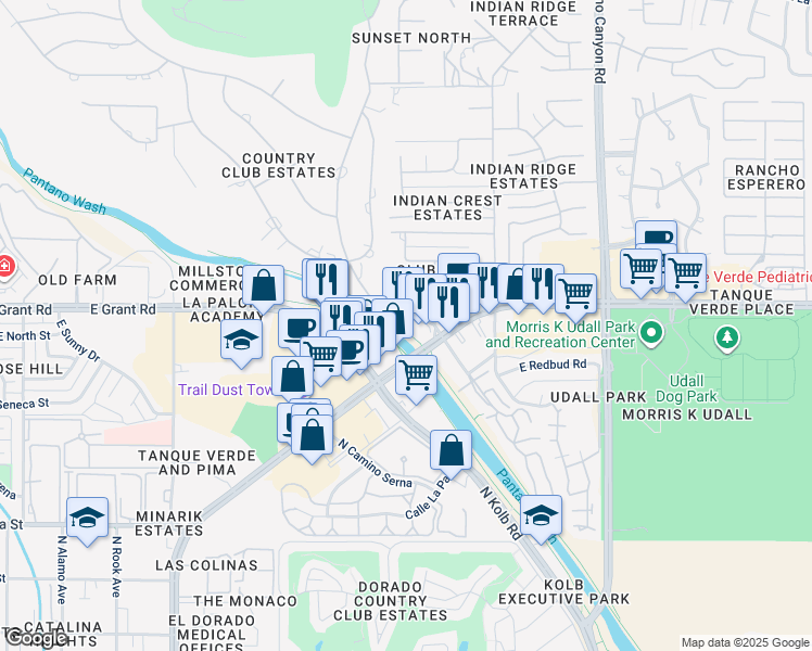 map of restaurants, bars, coffee shops, grocery stores, and more near 6720 North Camino Principal in Tucson
