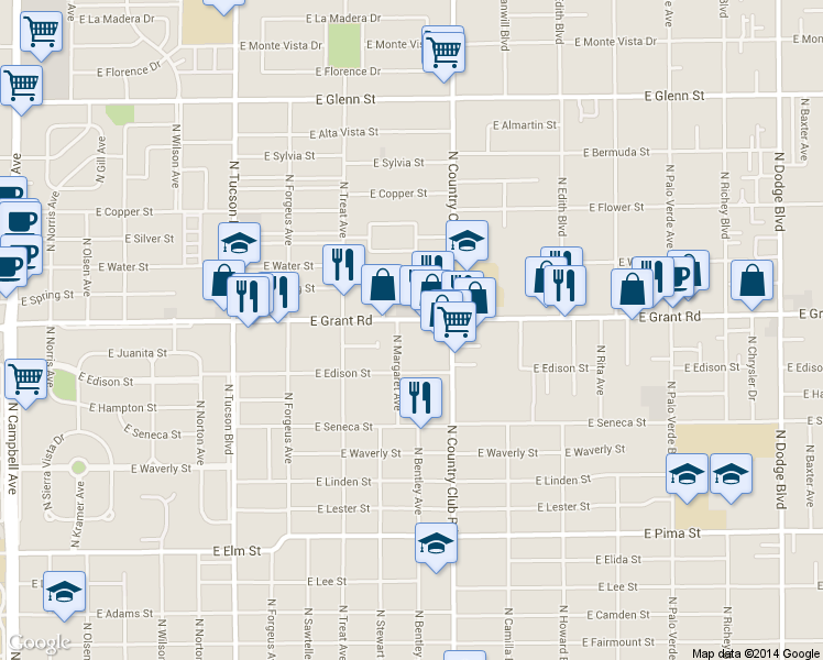 map of restaurants, bars, coffee shops, grocery stores, and more near 2938 E Grant Rd in Tucson