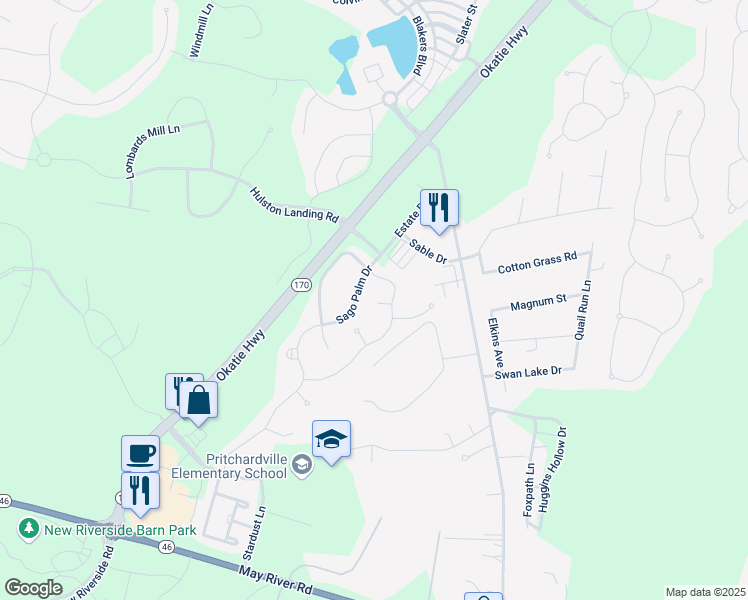 map of restaurants, bars, coffee shops, grocery stores, and more near 6 Nob Hill Court in Bluffton