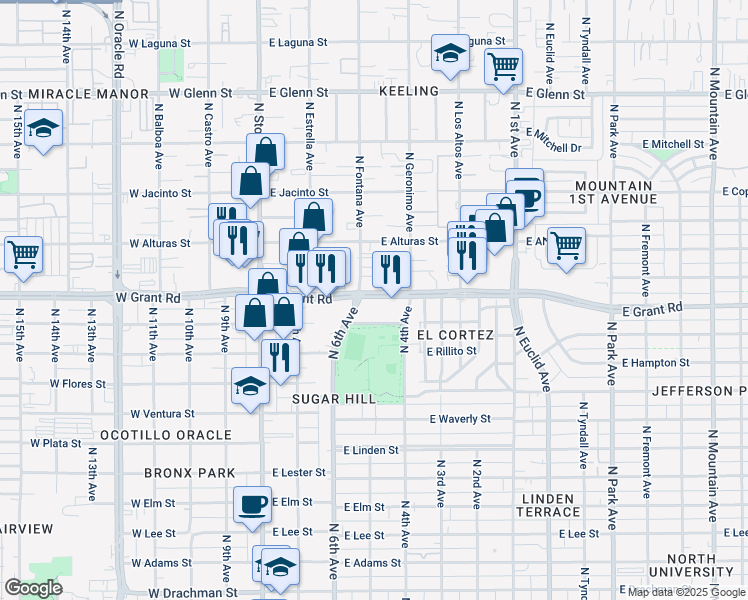 map of restaurants, bars, coffee shops, grocery stores, and more near 316 East Grant Road in Tucson