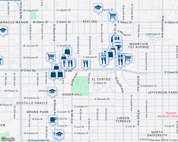 map of restaurants, bars, coffee shops, grocery stores, and more near 2385 North 4th Avenue in Tucson