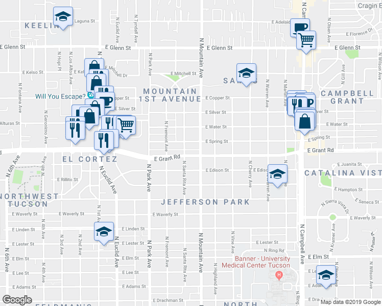 map of restaurants, bars, coffee shops, grocery stores, and more near 1217 East Grant Road in Tucson