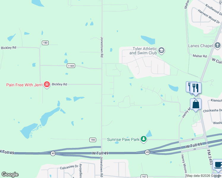 map of restaurants, bars, coffee shops, grocery stores, and more near 15901 County Road 178 in Tyler